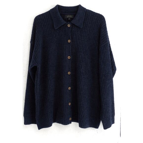 New Quince Cashmere Wide Rib Collared Cardigan Black XS Oversized #54 - Picture 2 of 2